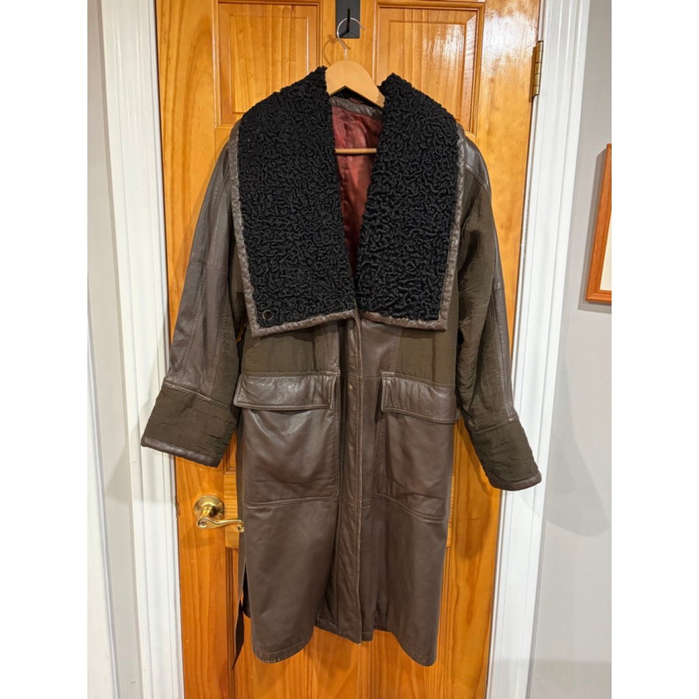 Stanley Korshak Brown Leather Coat Faux Astrakhan Collar Belted Vintage — image 8 of 8